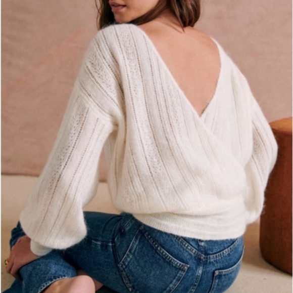 SÉZANE Cristina Cream Mohair Wool Crossover V Neck Crossover  Pointelle Sweater - Picture 7 of 16